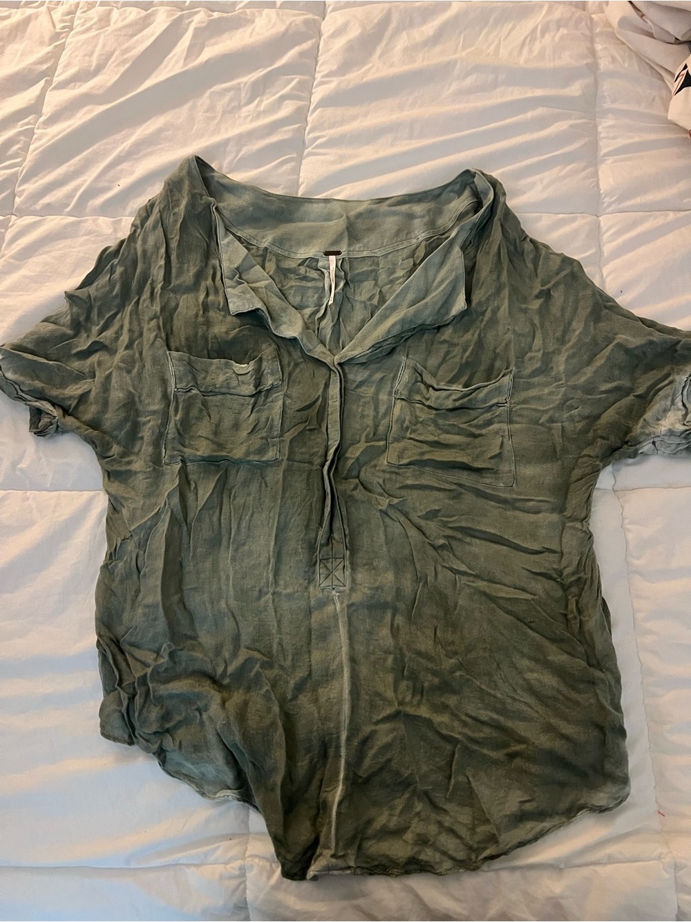 Free People Washed Olive Green V-Neck Short Sleeve Blouse